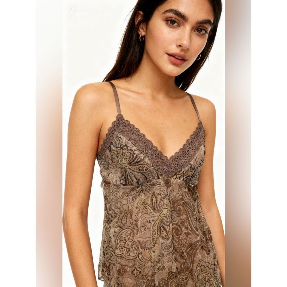 NWT Gold Hawk Brown Paisley Malt Silk Camisole Tank Top XS